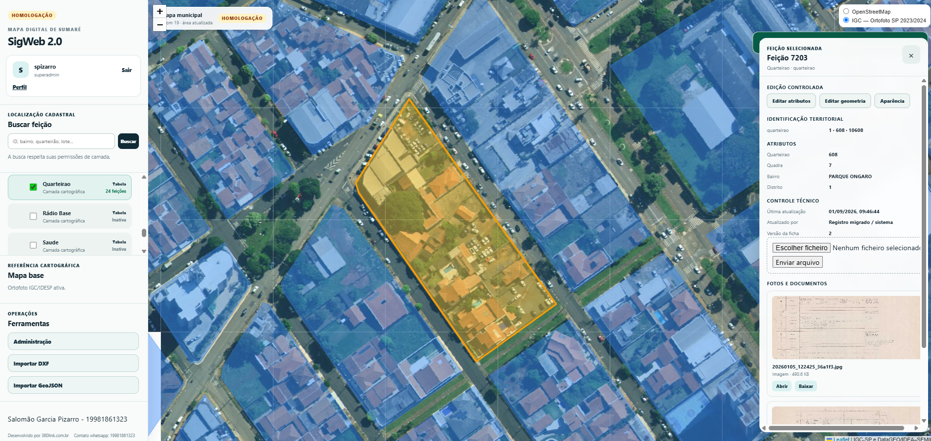 Sistema Mapa Digital de Sumaré exibindo um lote selecionado e documentos vinculados