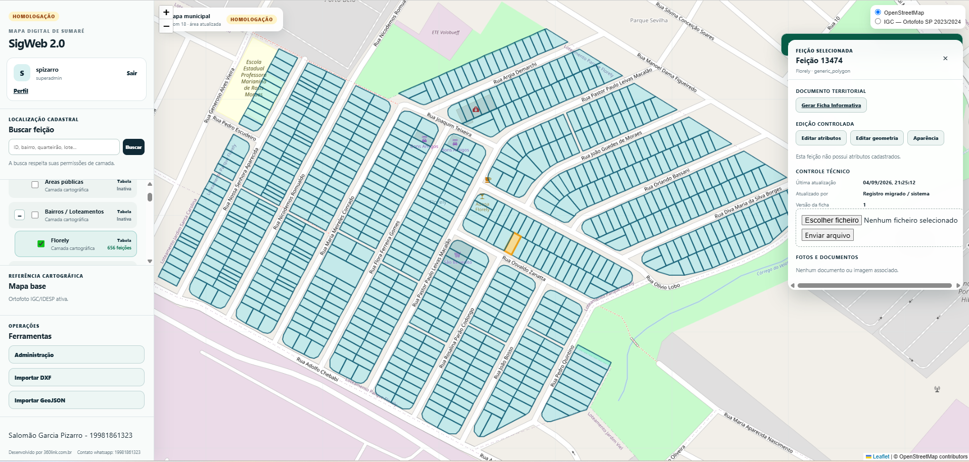 Mapa do loteamento Florely com lotes vetoriais e ficha selecionada
